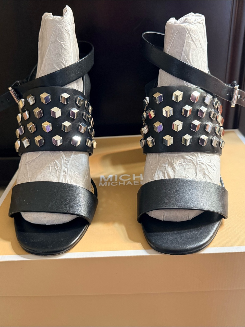 Michael Kors Black Studded Leather Open-Toe Heels